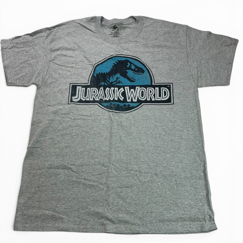 Jurassic World Gray Graphic T-Shirt Mens Size Large Blue Logo T-Rex Movie Tee